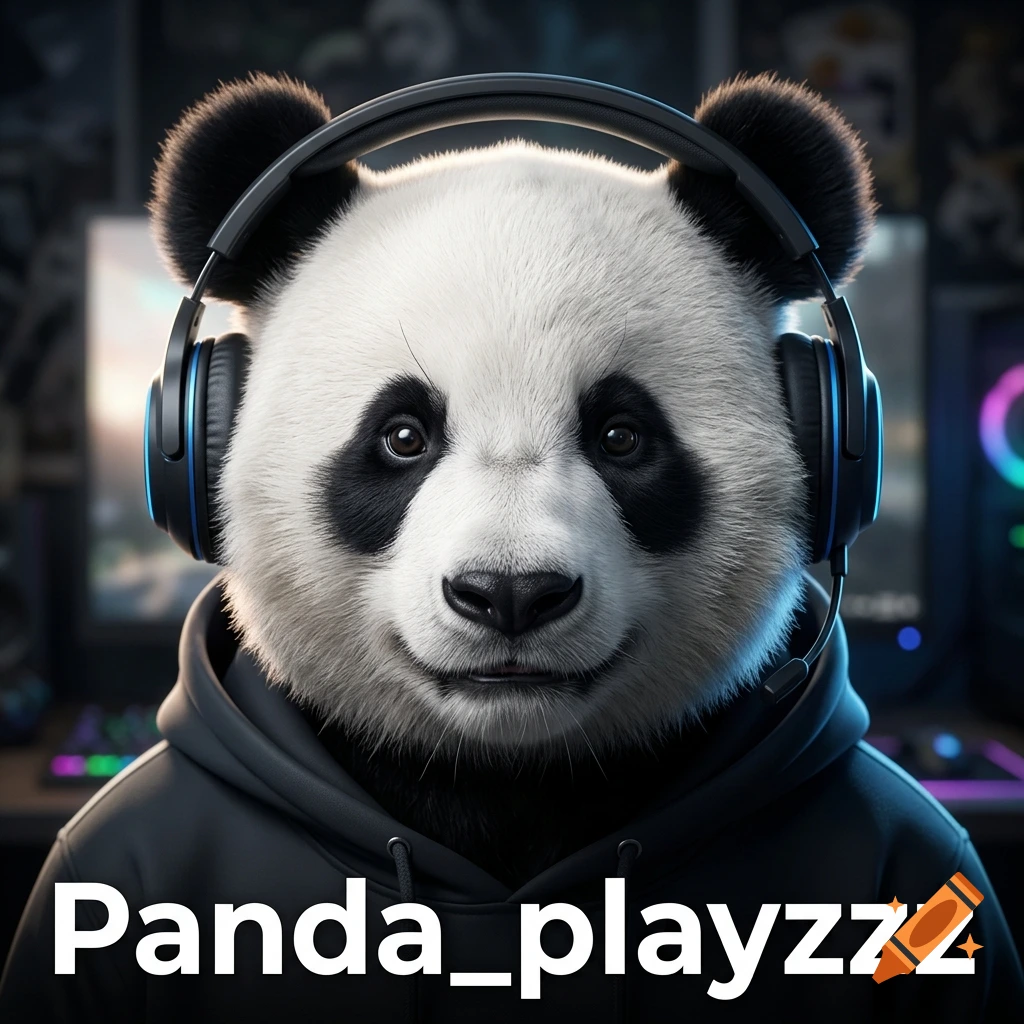 Photorealistic portrait of a panda wearing gaming headphones and a black hoodie, with text reading Panda_playzzz.