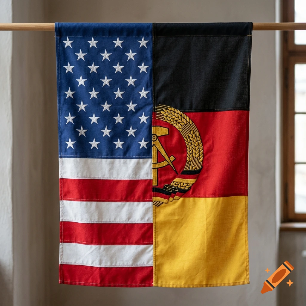 A textile flag combining the design of the US flag on the left half and the East German flag on the right half, hanging vertically from a wooden rod.