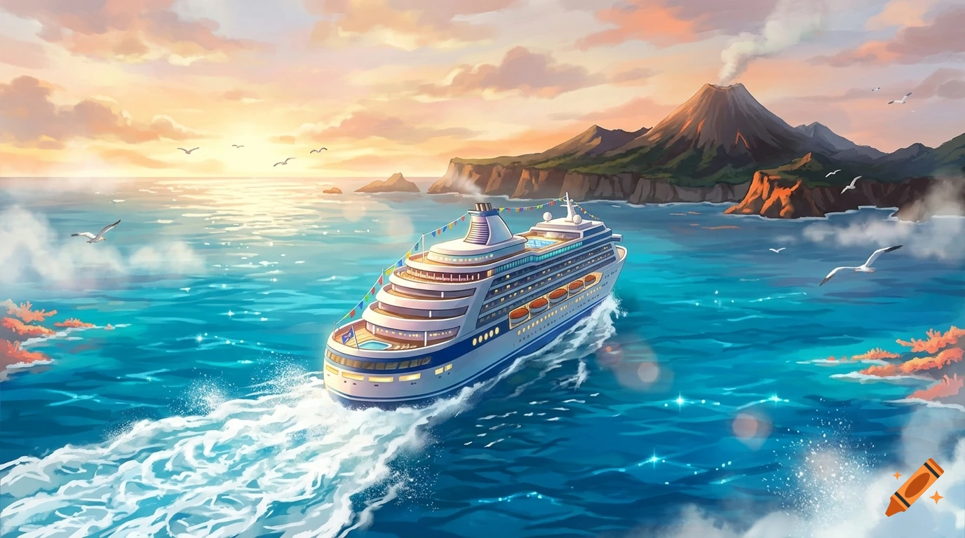 Digital anime-style illustration of a cruise ship sailing on a blue ocean towards a volcanic island at sunset.