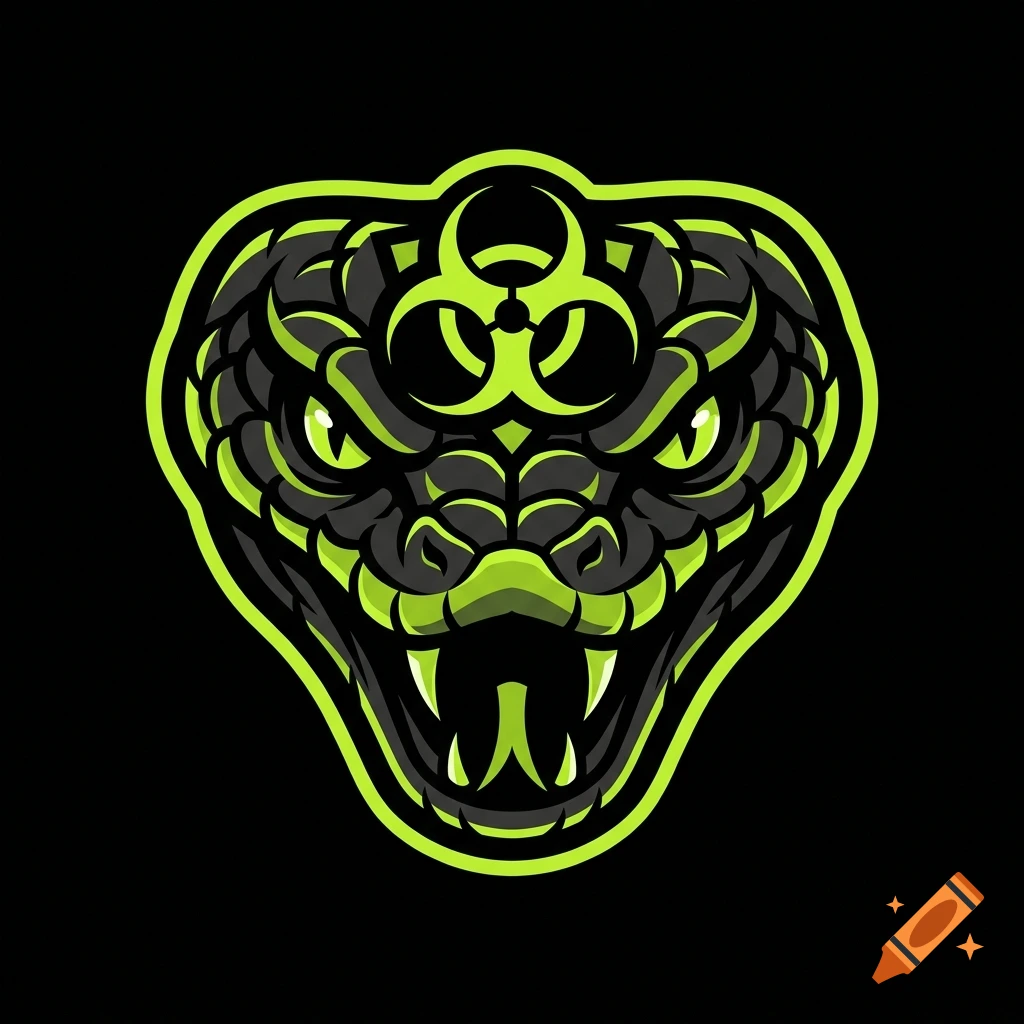 Vector logo of an aggressive green and black cobra head with a biohazard symbol on its forehead against a black background.