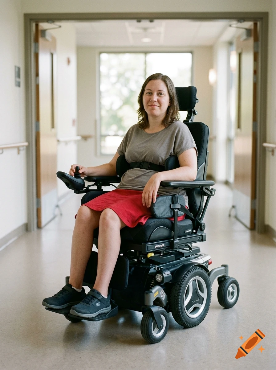 A woman seated in a motorized wheelchair in a bright hallway.