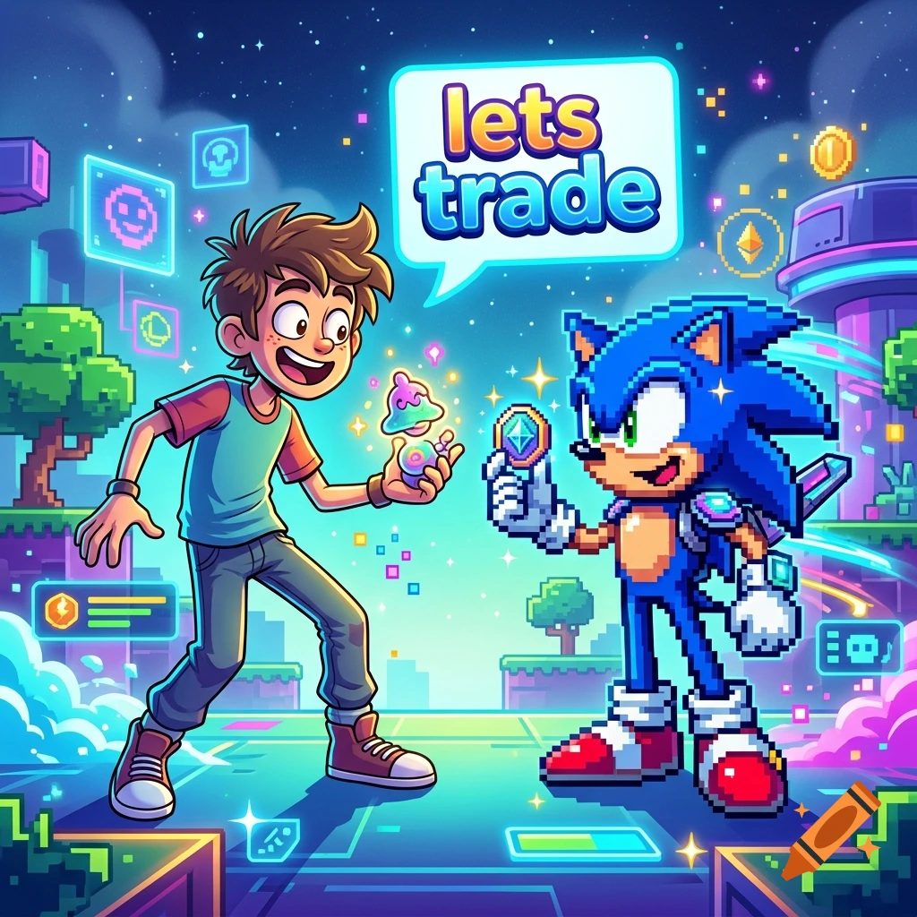 Digital illustration of a boy and a pixelated Sonic the hedgehog standing in a vibrant futuristic game world with a speech bubble saying lets trade.