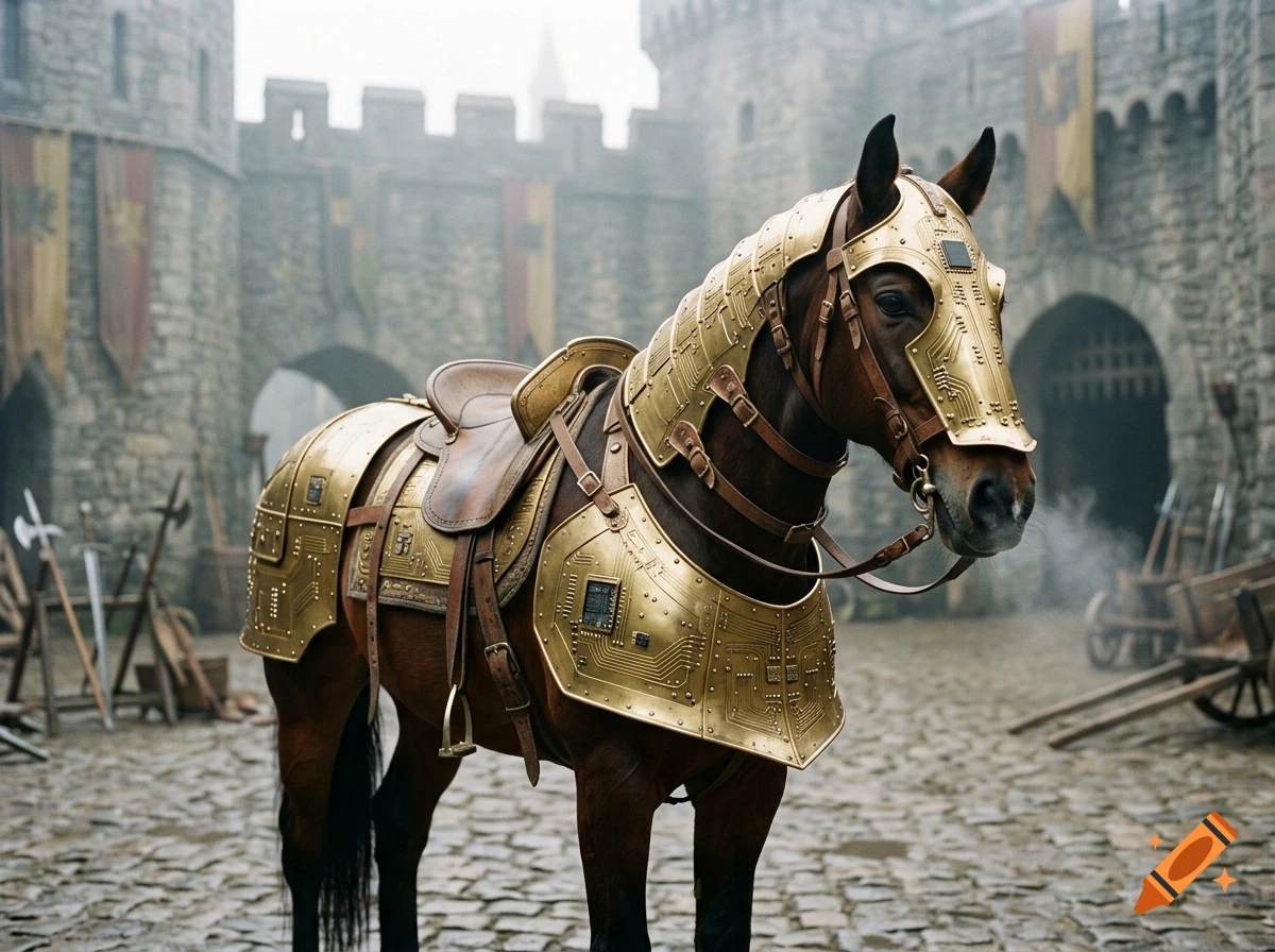 Photorealistic image of a brown horse wearing golden armor made of circuit boards, standing in a medieval castle courtyard.