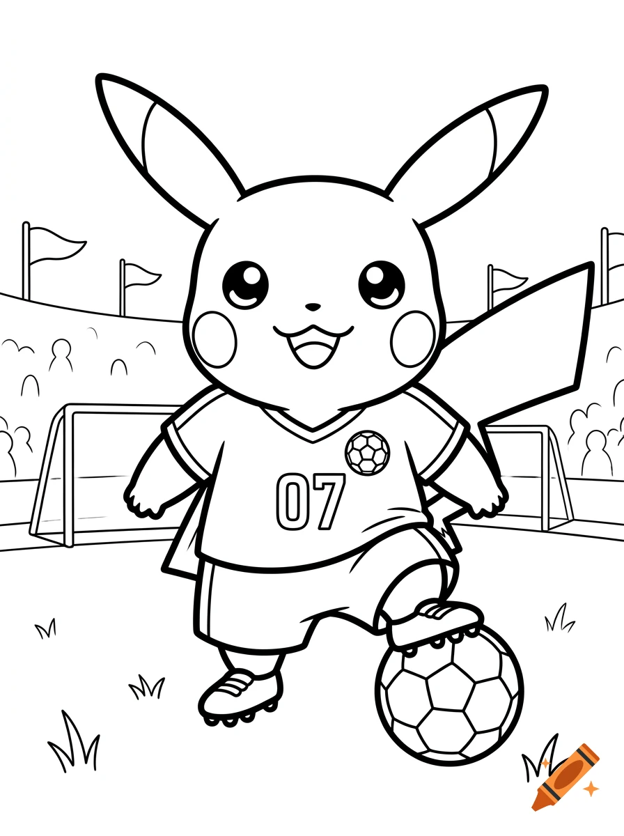 Black and white line art coloring page showing Pikachu wearing a soccer uniform and standing with one foot on a soccer ball on a field in front of a goal and crowd.