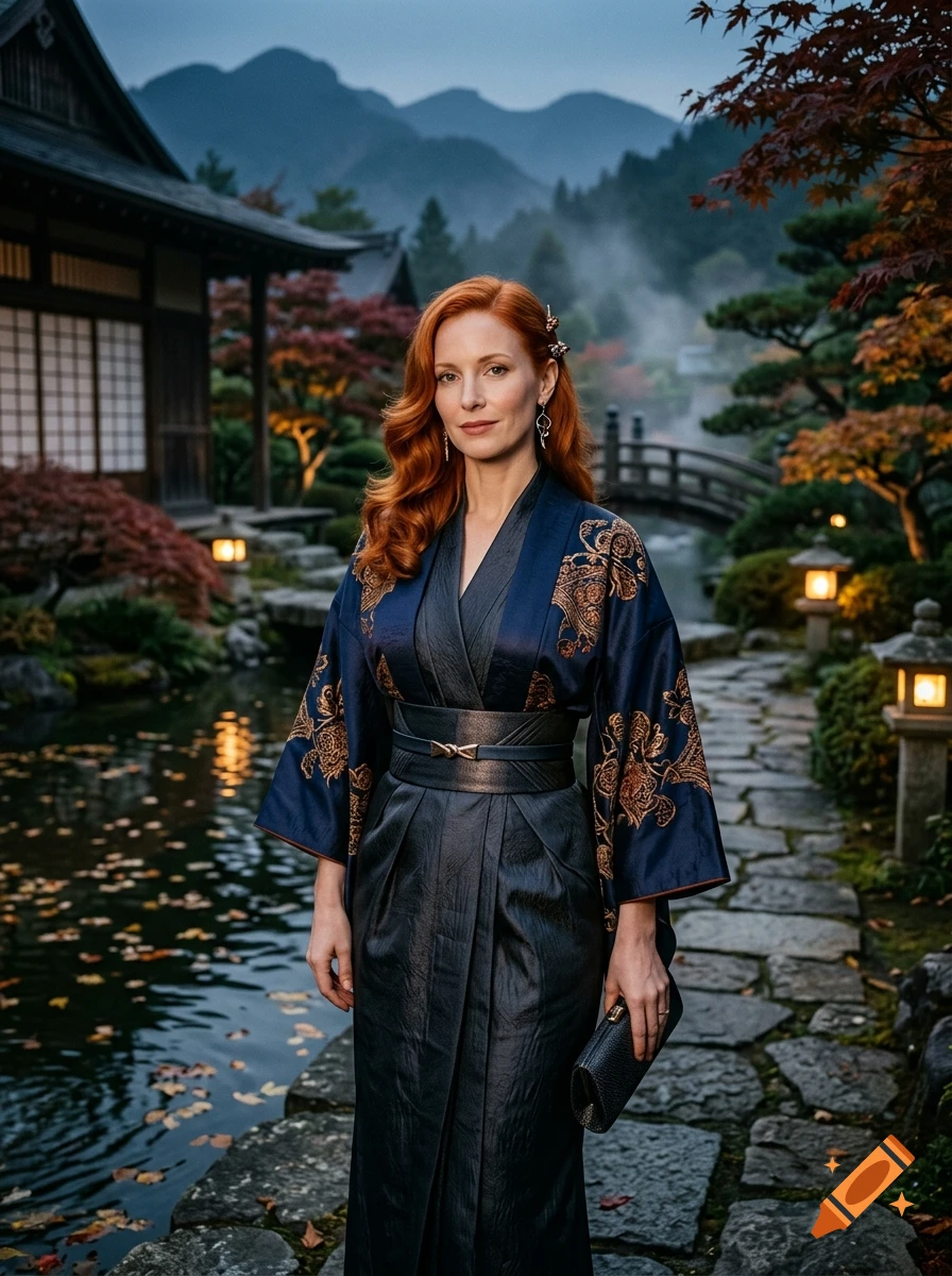 Photorealistic portrait of a red-haired woman in a dark blue patterned kimono standing in a traditional Japanese garden.