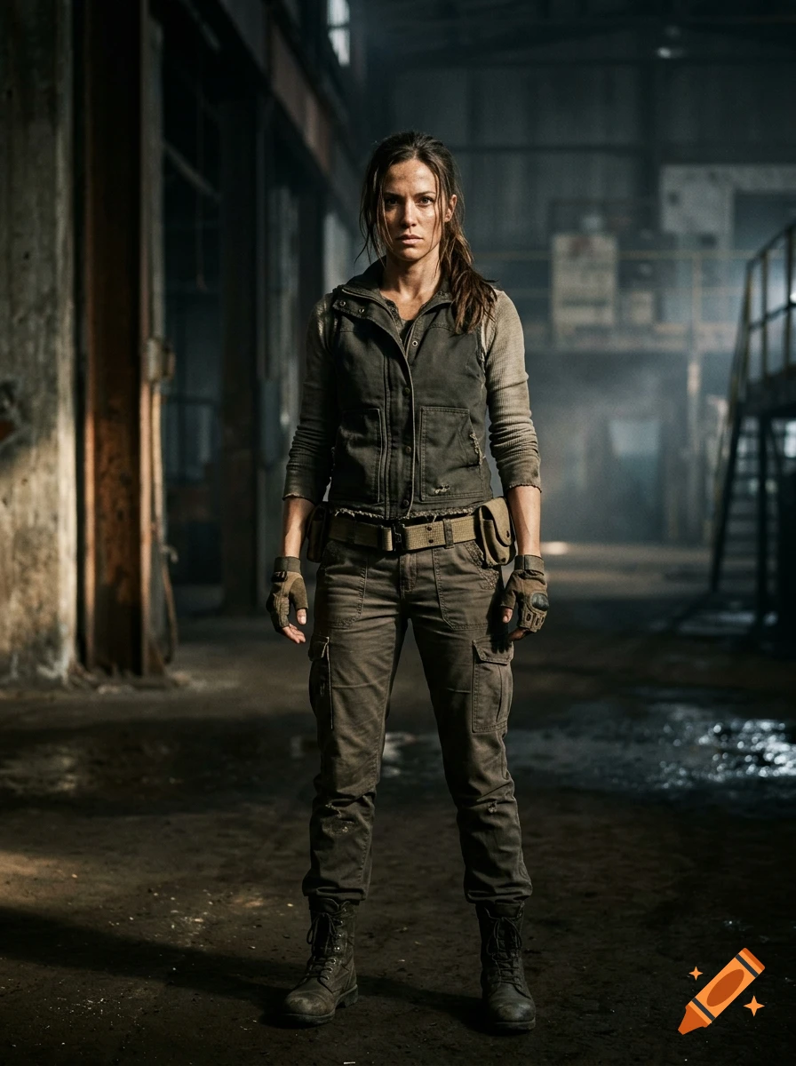 Photorealistic movie still of a fierce, battle-hardened woman in a combat vest and cargo pants standing in an industrial warehouse.