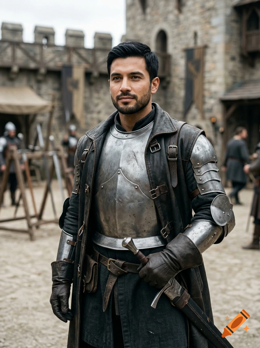 Photorealistic portrait of a handsome male fantasy knight with dark hair, a beard, wearing a steel cuirass and black leather coat in front of a stone castle.