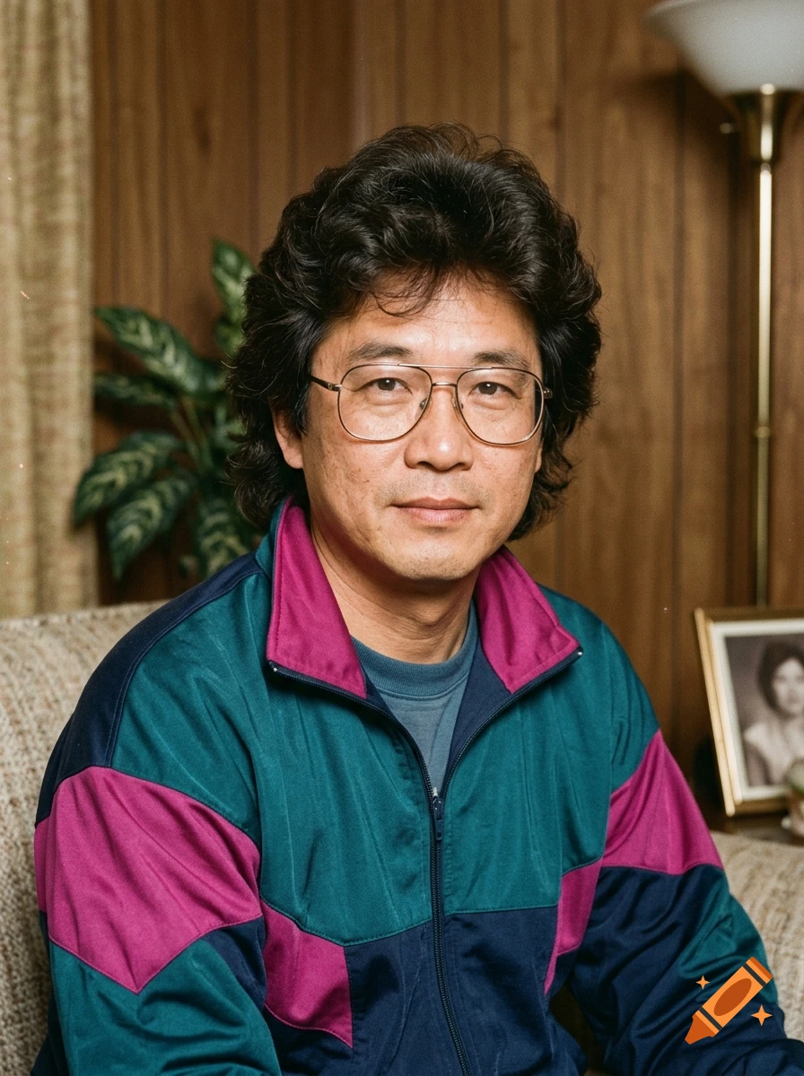 Portrait of a middle-aged East Asian man wearing wire-rimmed glasses and a colorful color-blocked zip-up track jacket indoors.