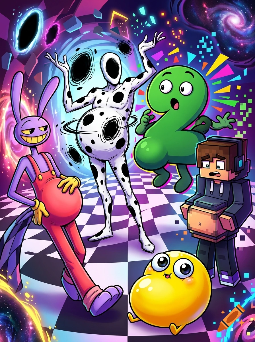 Digital illustration of cartoon characters with swollen bellies standing in a surreal checkerboard space with cosmic portals.