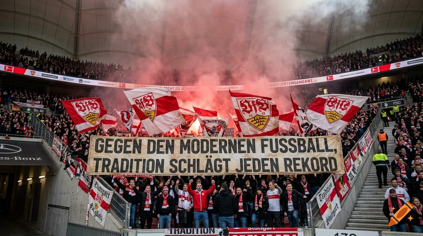 Photorealistic wide shot of a stadium curve filled with football ultras holding a large banner and red flags amid red smoke.