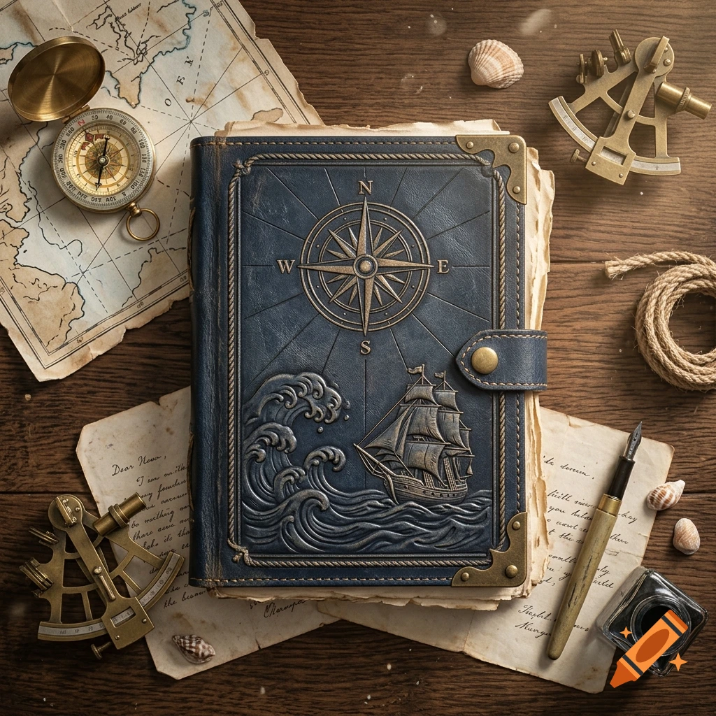 An overhead view of an ornate, leather-bound journal with a compass rose and sailing ship embossed on the cover, surrounded by nautical instruments, old maps, shells, and a fountain pen on a wooden table.