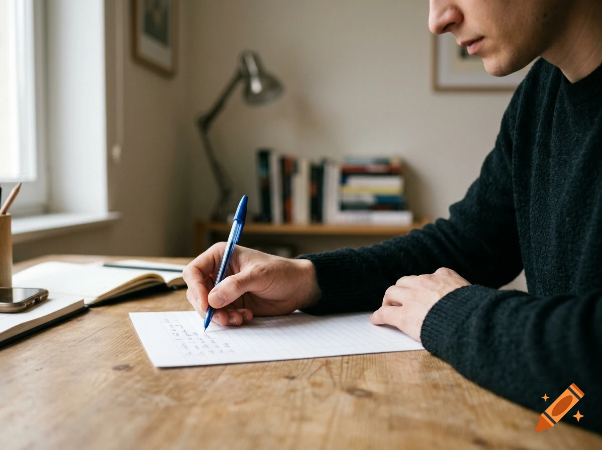 Close-up photorealistic shot of a person writing on paper with a blue pen at a wooden desk in a room.