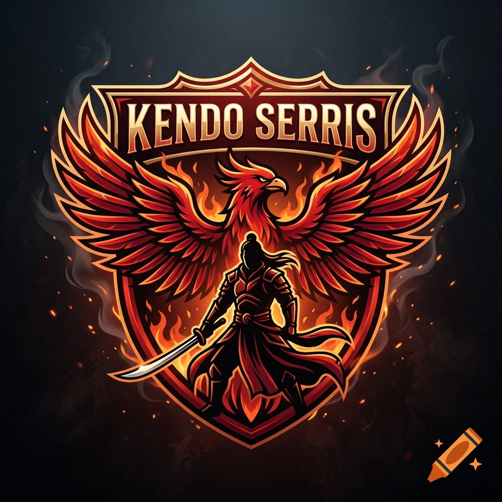 Esports style gaming logo featuring a red phoenix, a warrior with a sword, and a shield with the text KENDO SERRIS.