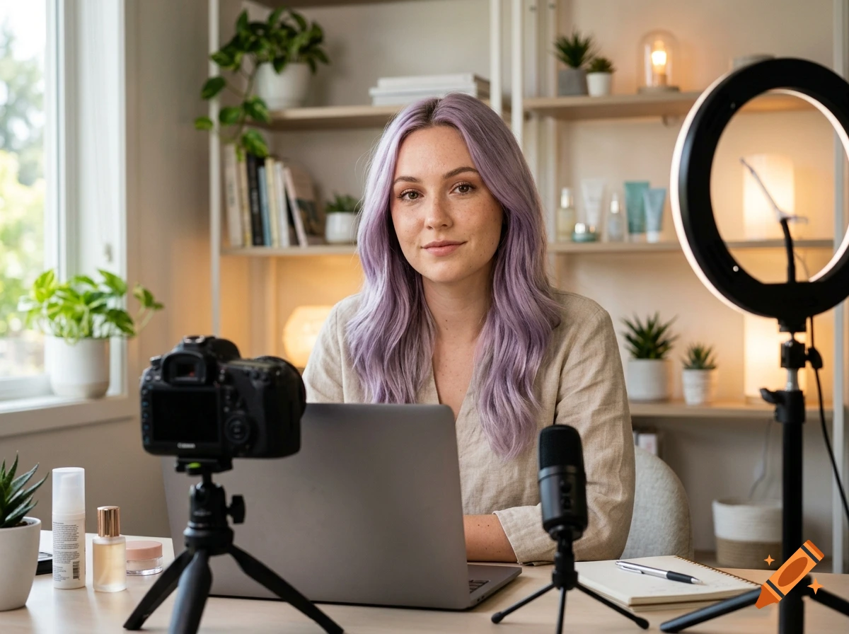 A young woman with lavender hair sitting at a desk with a laptop, camera, and ring light, looking at the camera in a room with shelves.