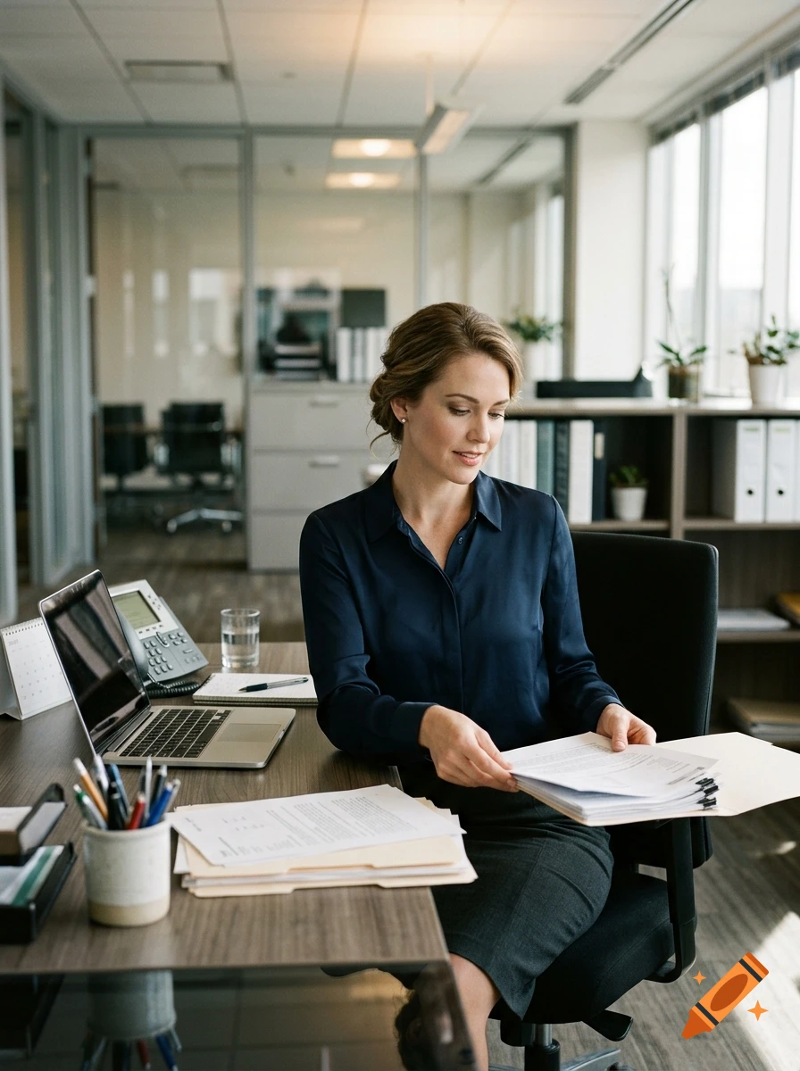 Photorealistic image of a professional woman sitting at a desk in an office, reviewing documents next to a laptop.