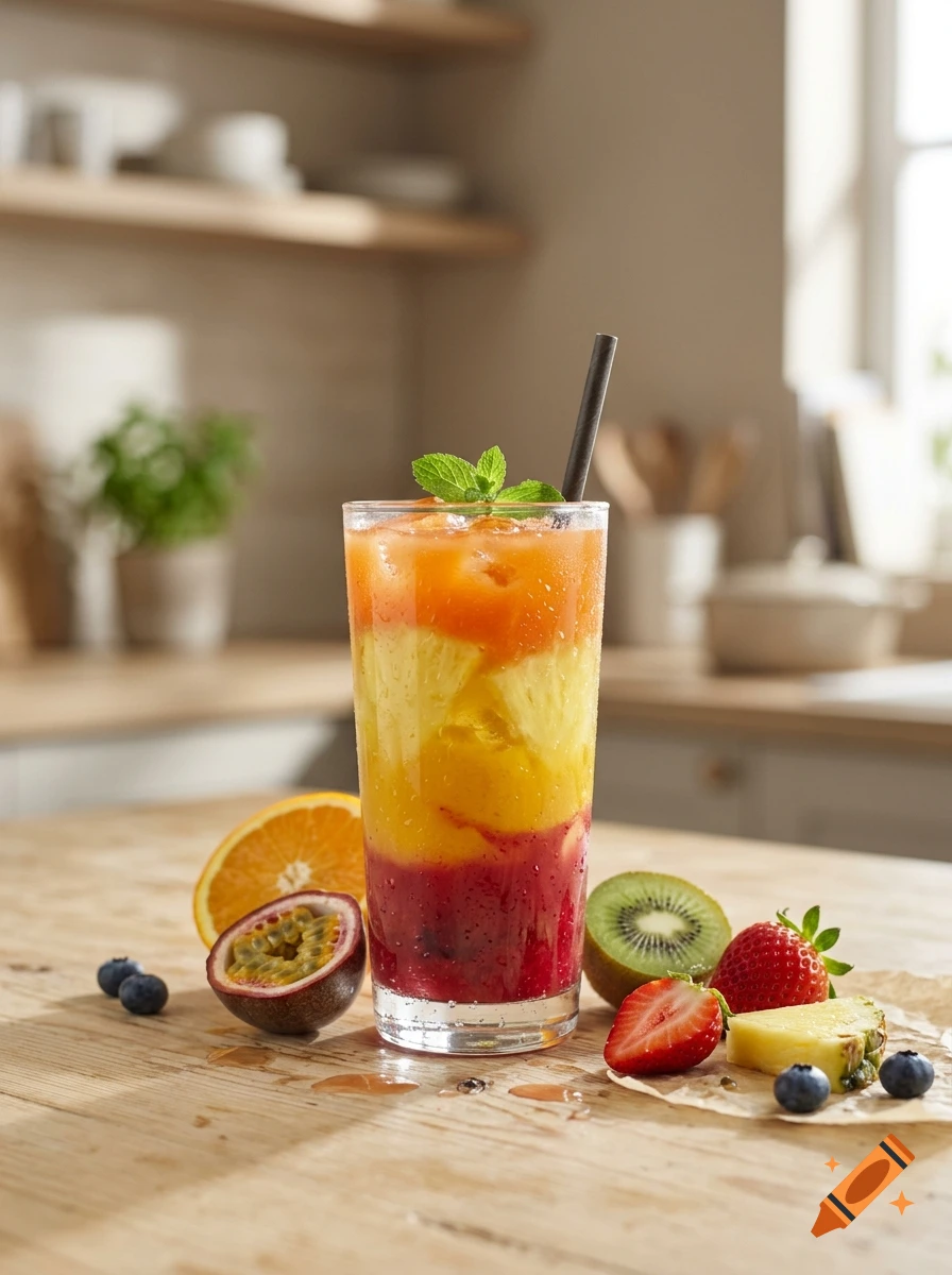 Photorealistic layered fruit juice in a tall glass with a straw, surrounded by fresh fruits on a wooden table.