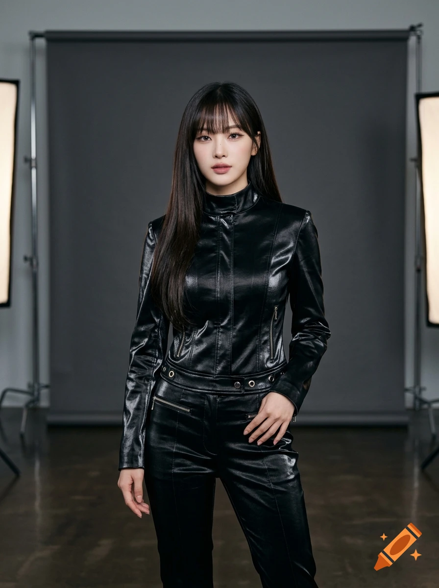 Photorealistic portrait of a young woman with dark hair and bangs, wearing a shiny black leather outfit in a studio.