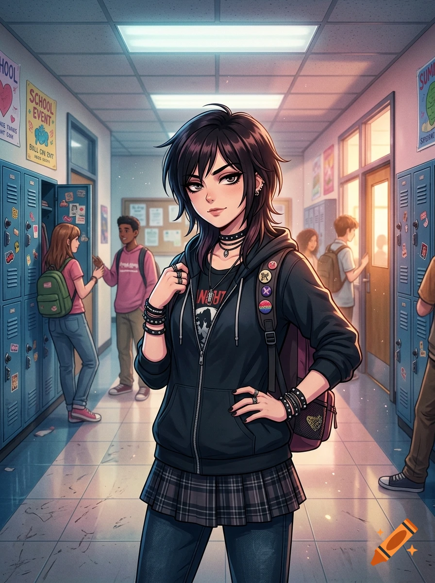 Anime style illustration of a rebellious teenage girl with dark hair standing in a school hallway with lockers.