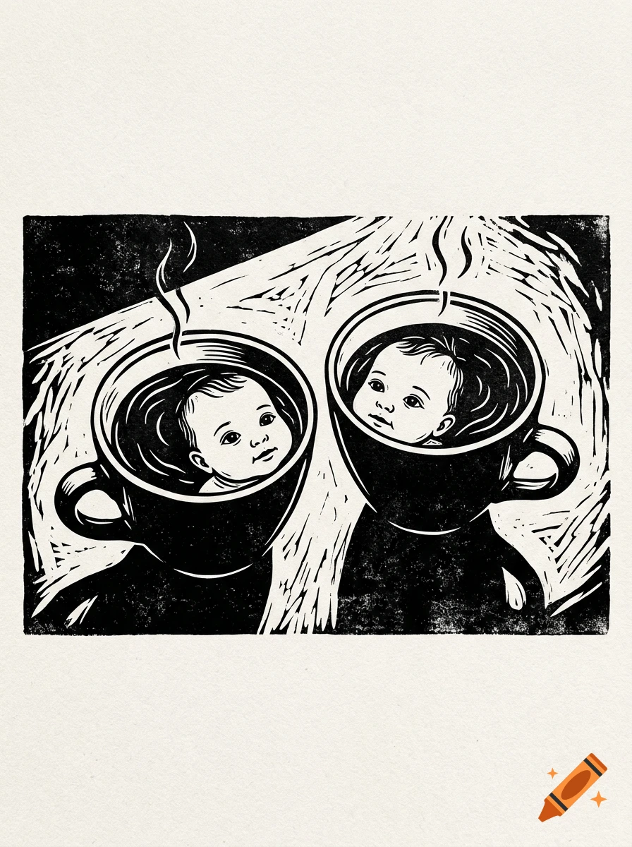 Monochrome linocut print featuring two babies' faces inside steaming coffee cups in a high-contrast black and white block print style.