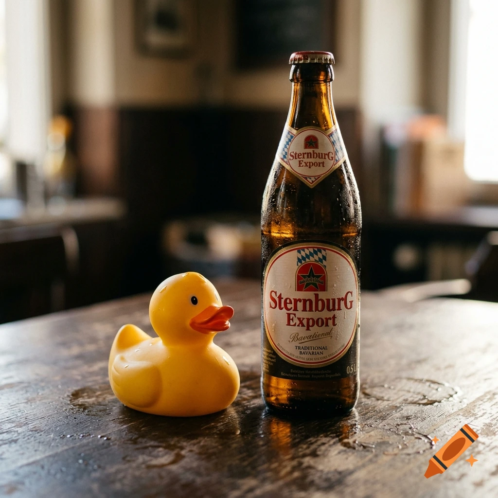 Photorealistic image of a yellow rubber duck sitting next to a wet glass bottle of Sternburg Export beer on a wooden table.