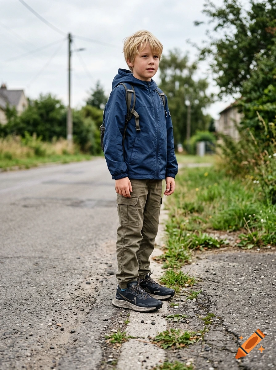 Photorealistic image of a young blond boy standing on the side of an asphalt road, wearing a blue jacket, cargo pants, and sneakers.