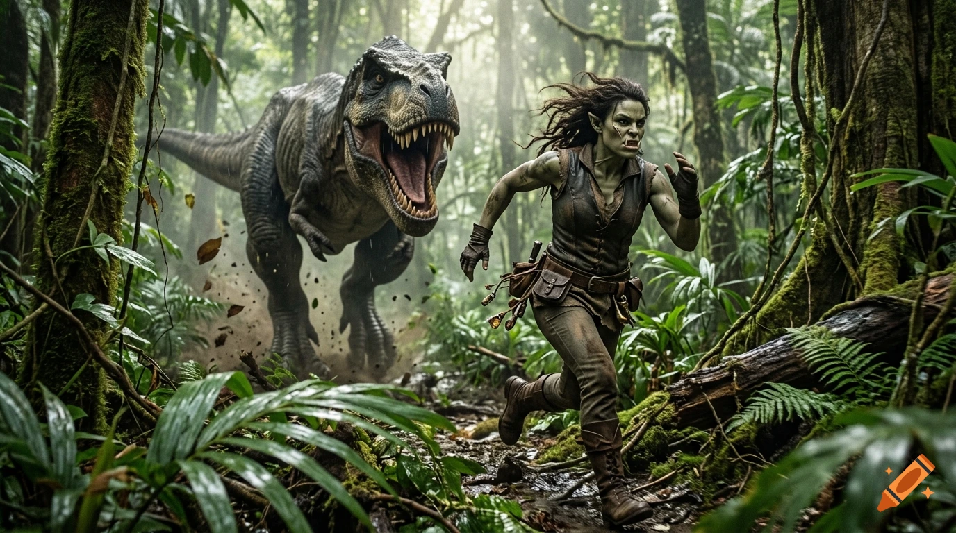Photorealistic scene of a female half-orc running through a dense jungle pursued by a roaring T-Rex.