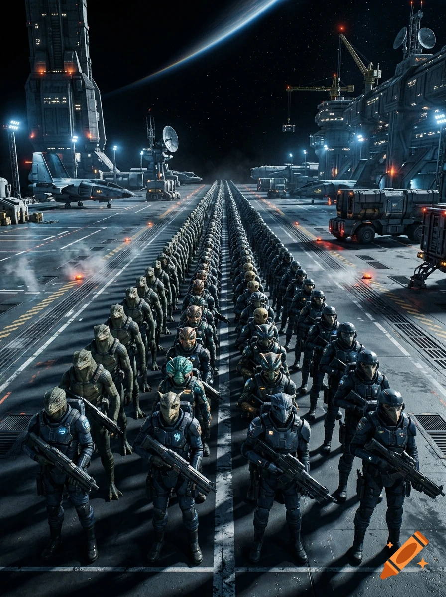An army of futuristic alien and human soldiers standing in formation on a sci-fi space station landing bay, photorealistic style.