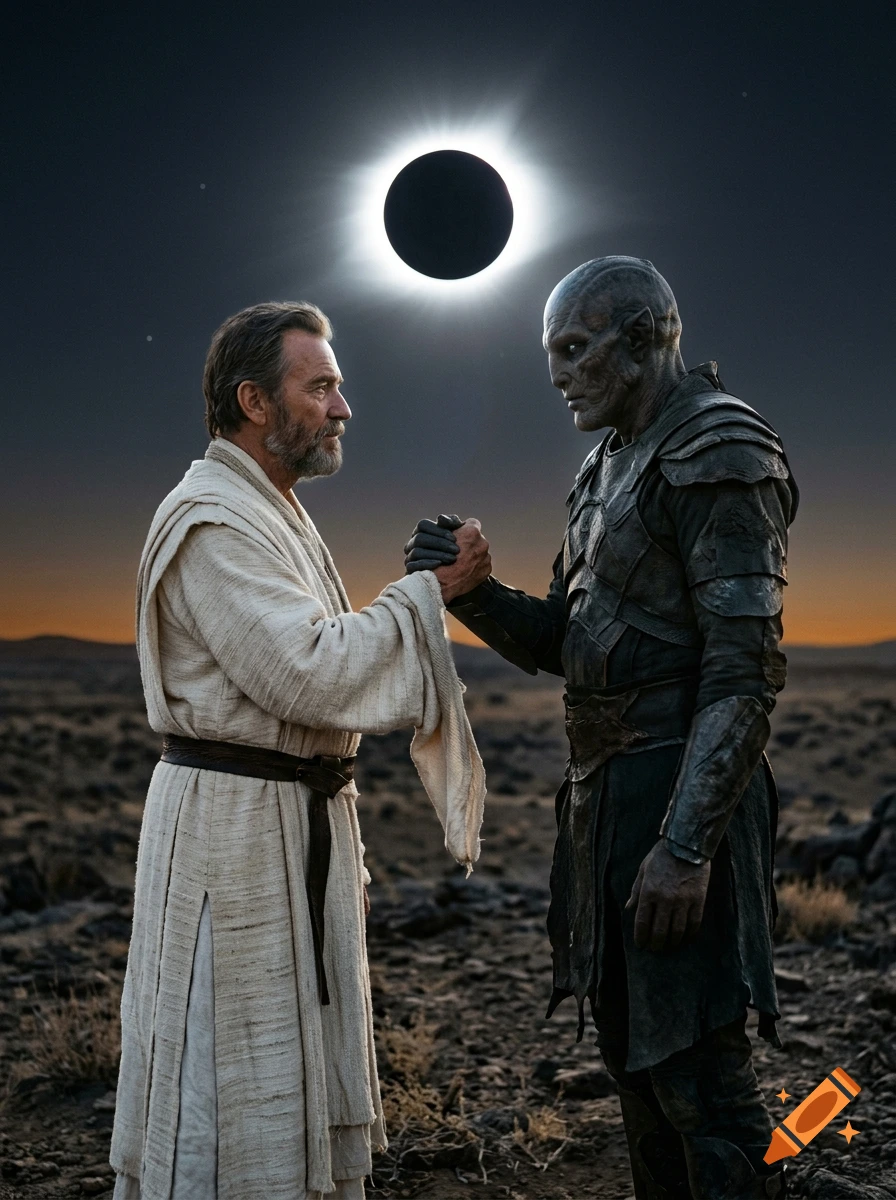 Photorealistic depiction of Melchisedek shaking hands with Abraxus in a rocky landscape under a total solar eclipse.