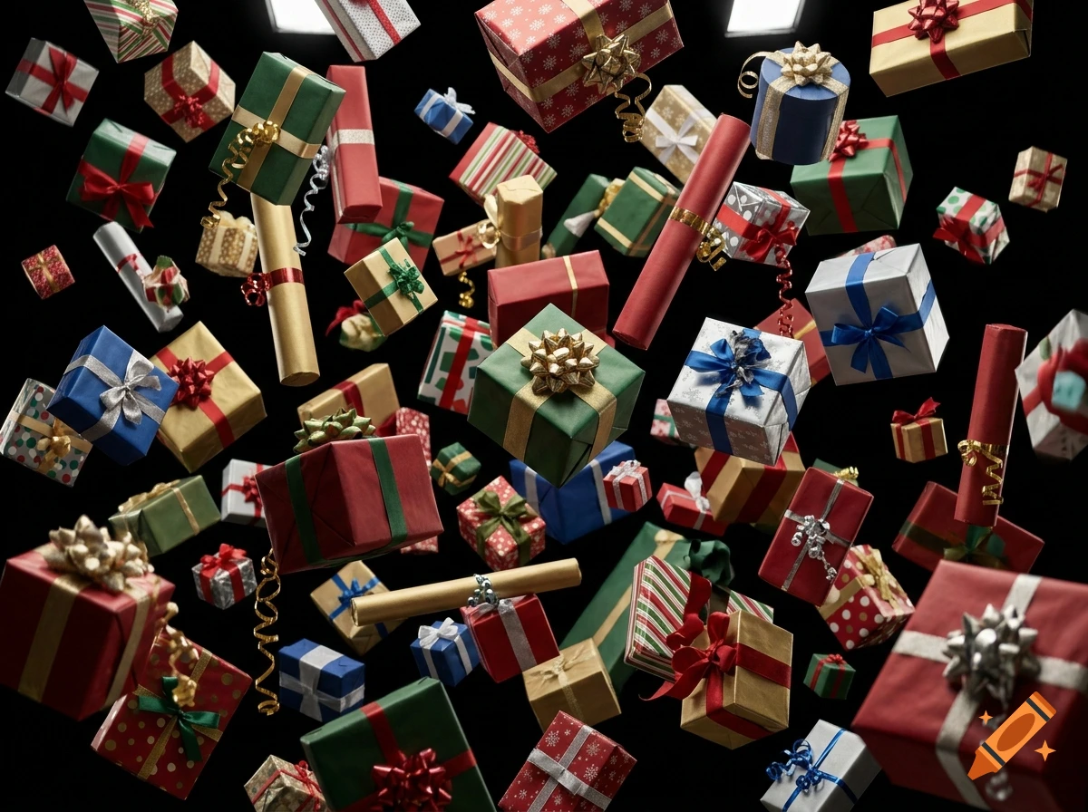 A multitude of colorful wrapped present boxes and tubes falling through the air against a black background.
