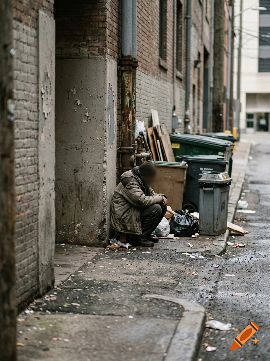 A photorealistic image of a person sitting in an alleyway next to trash cans.