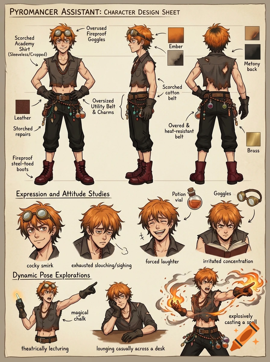A character design sheet titled Pyromancer Assistant showing multiple poses, facial expressions, clothing details, and color swatches for an anime-style male character with orange hair.