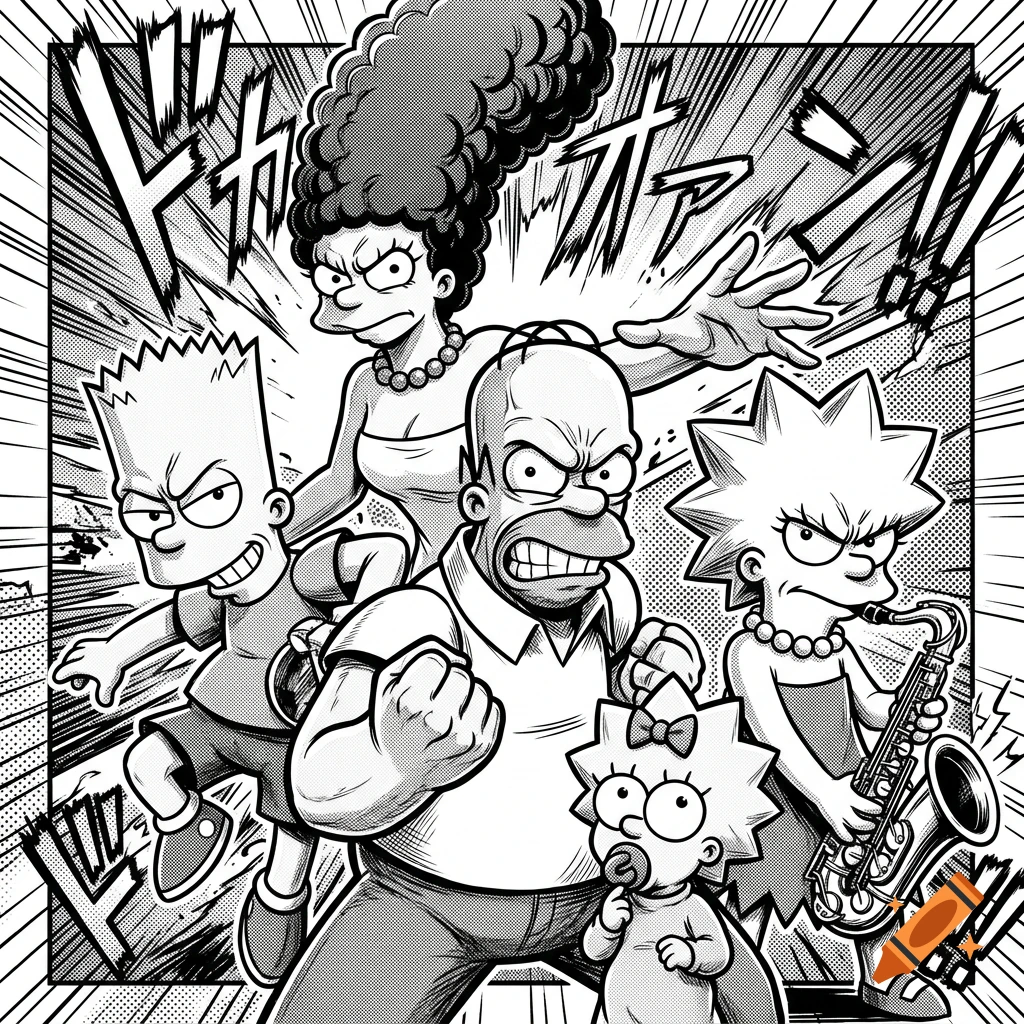 Black and white manga style illustration depicting the Simpsons family with intense expressions and action lines in the background.
