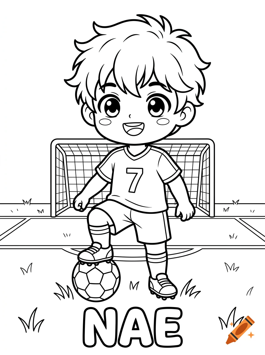 Black and white coloring page of a cute manga-style boy in a soccer uniform playing with a ball in front of a goal, with the name NAE written below.