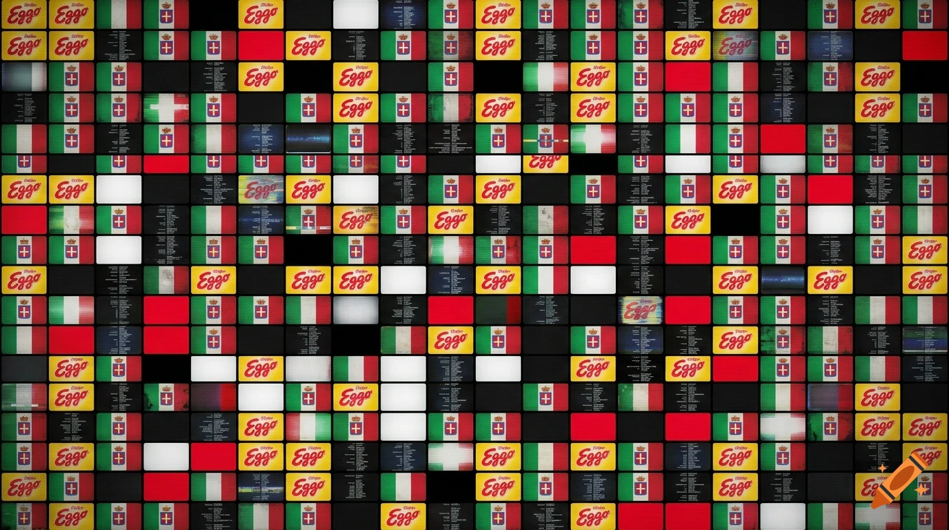 A collage of numerous small rectangular screens displaying a repeating pattern of Eggo waffle logos, the Italian flag, and scrolling text.