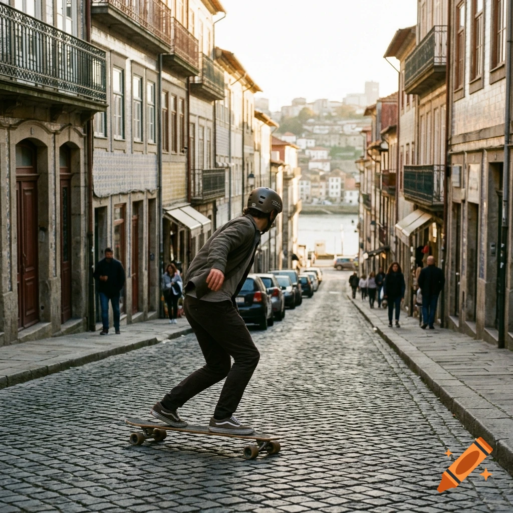 A skater riding a longboard down a sloping cobblestone street lined with traditional European buildings, photorealistic style.