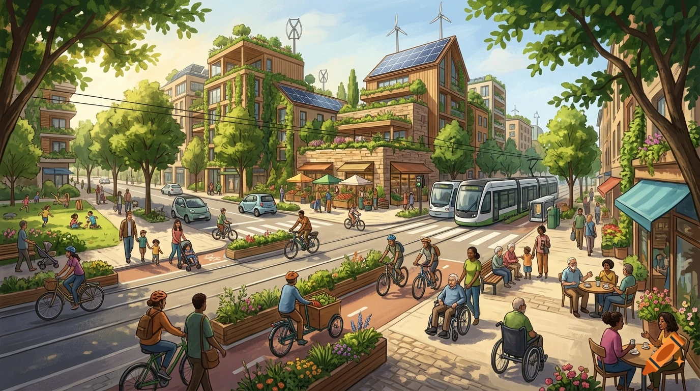 Digital illustration of a sustainable green city street with pedestrians, cyclists, electric trams, and lush vegetation.