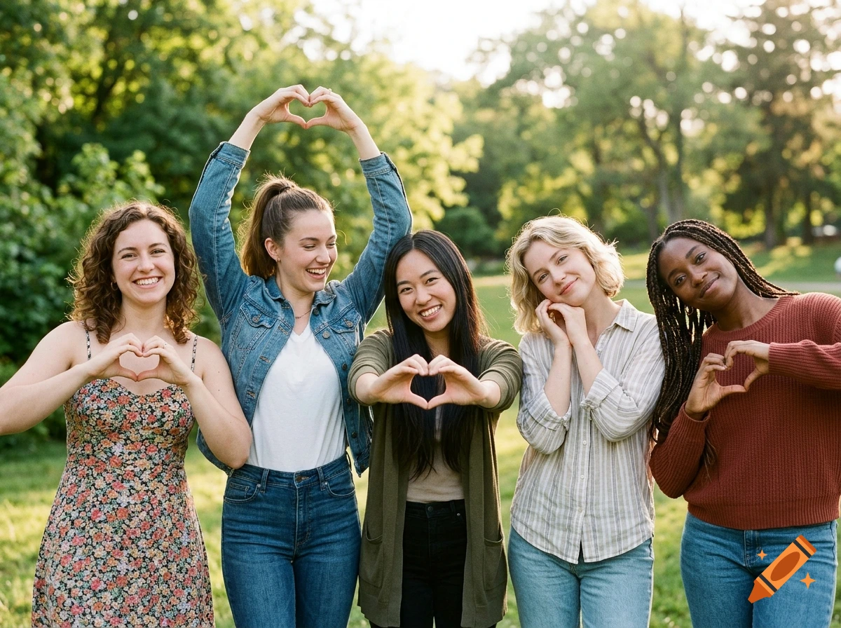 Five diverse young women smiling and making different heart shapes with their hands outdoors in a park.