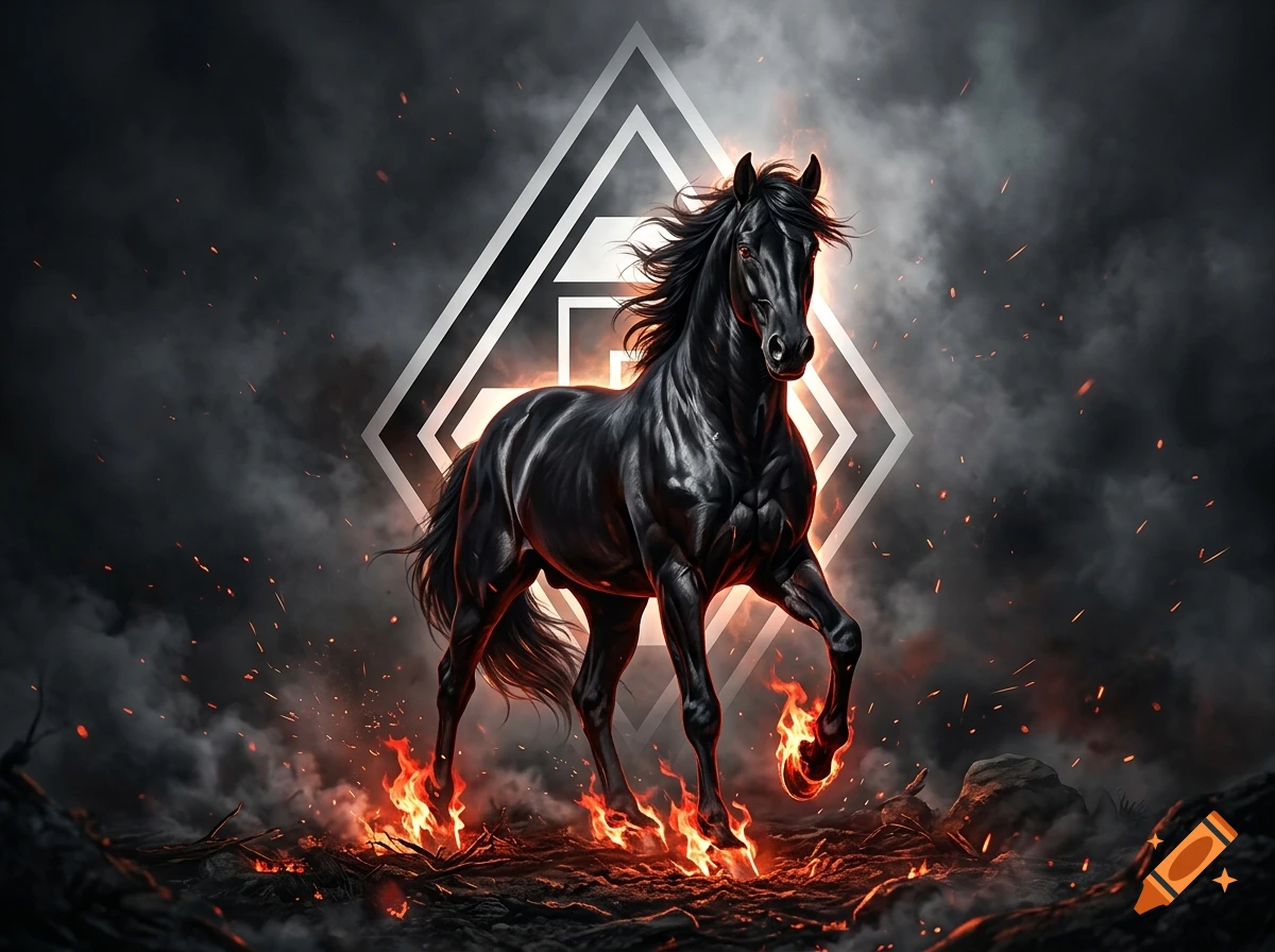 A majestic black stallion with flaming hooves standing in front of a glowing diamond logo amidst smoke and sparks.
