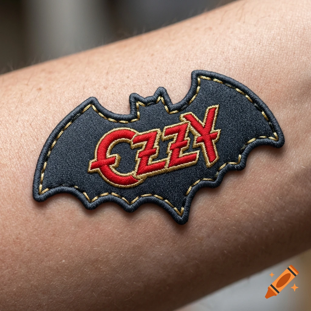 A close-up photograph of an embroidered bat patch with the text OZZY, appearing to be sewn onto human skin.