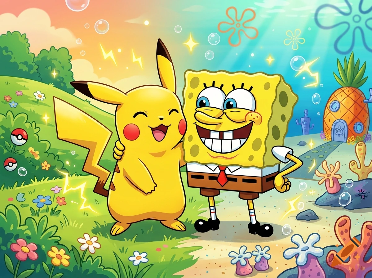 Pikachu and Spongebob Squarepants hugging in a vibrant, colorful underwater and grassy crossover cartoon landscape.