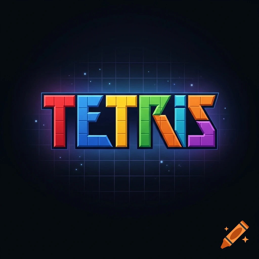 Colorful Tetris logo styled with building blocks against a dark blue grid background.