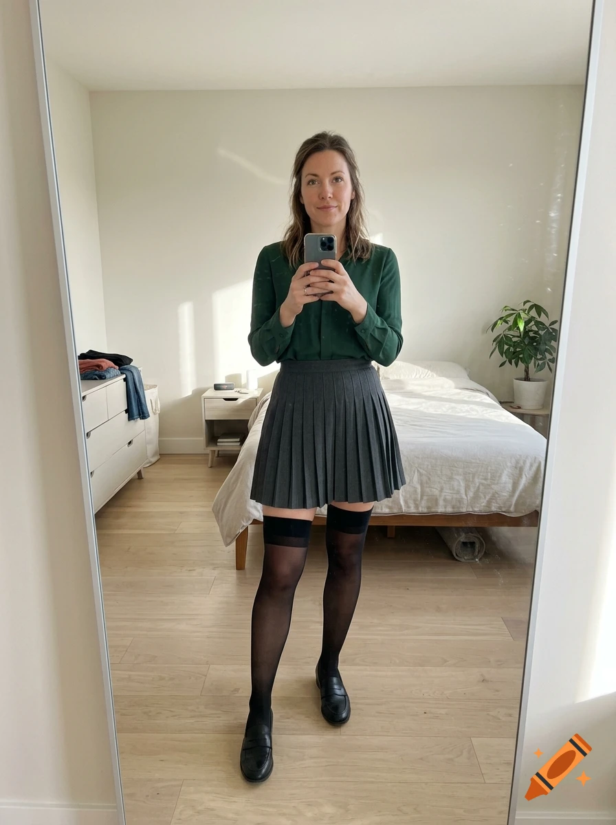 Photorealistic mirror selfie of a woman in her 30s wearing a green button-up shirt, grey pleated skirt, and black thigh-high stockings.