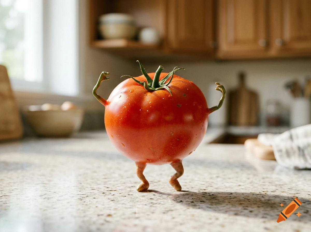 Photorealistic image of a fresh red tomato with tiny arms and legs dancing on a kitchen countertop.