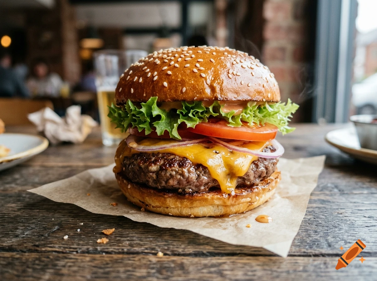 A close-up shot of a gourmet cheeseburger with lettuce, tomato, onions, and melted cheese on a sesame seed bun, resting on parchment paper on a rustic wooden table.