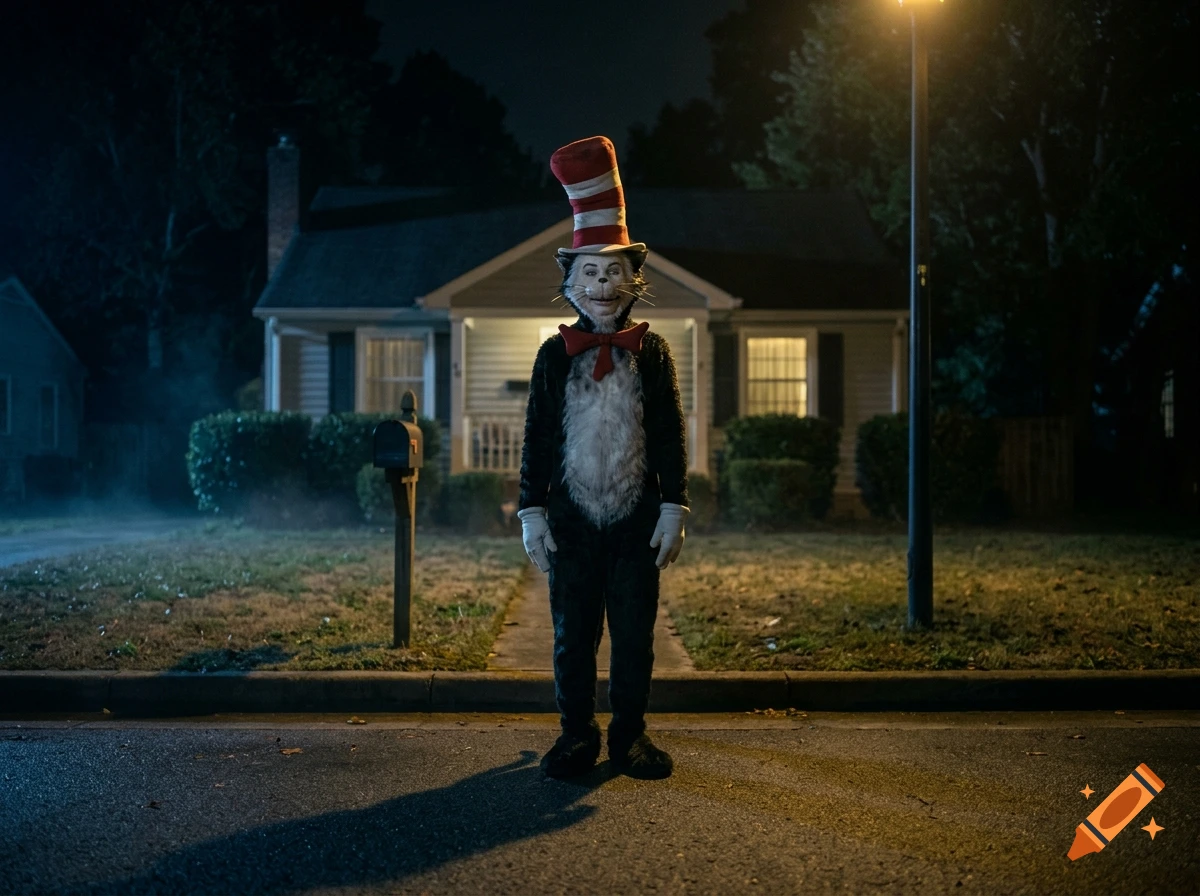 Creepy live-action Cat in the Hat standing on a dark suburban sidewalk at night.