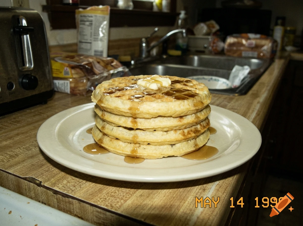 A stack of golden waffles topped with melting butter and dripping syrup on a white plate in a kitchen.
