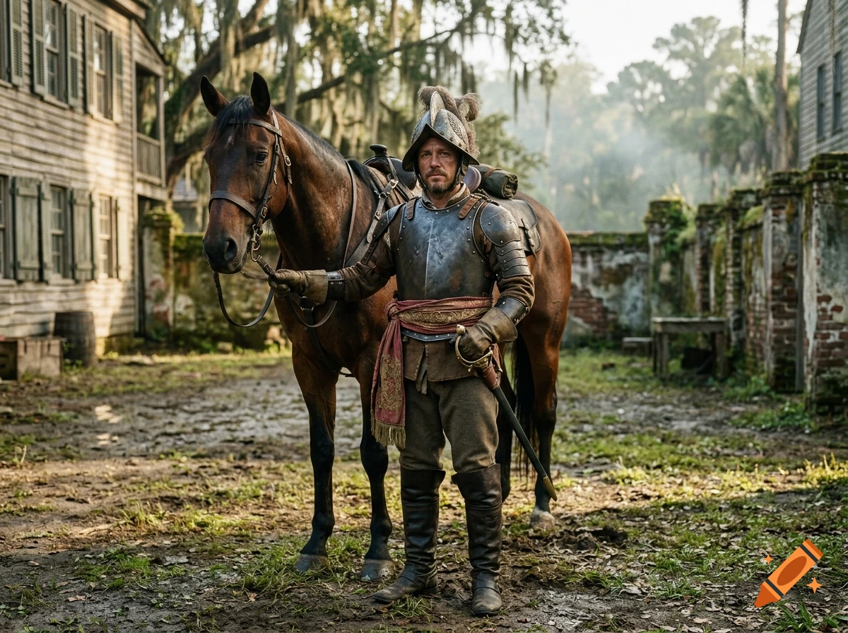 Photorealistic full-body shot of a 16th-century soldier in armor standing next to a horse in a rustic courtyard.
