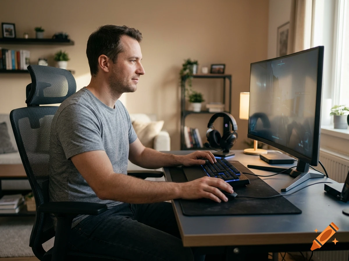 A man sitting at a desk playing a computer game on a large monitor.