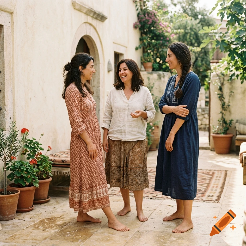 Three barefoot Turkish women laughing and talking together in a courtyard.