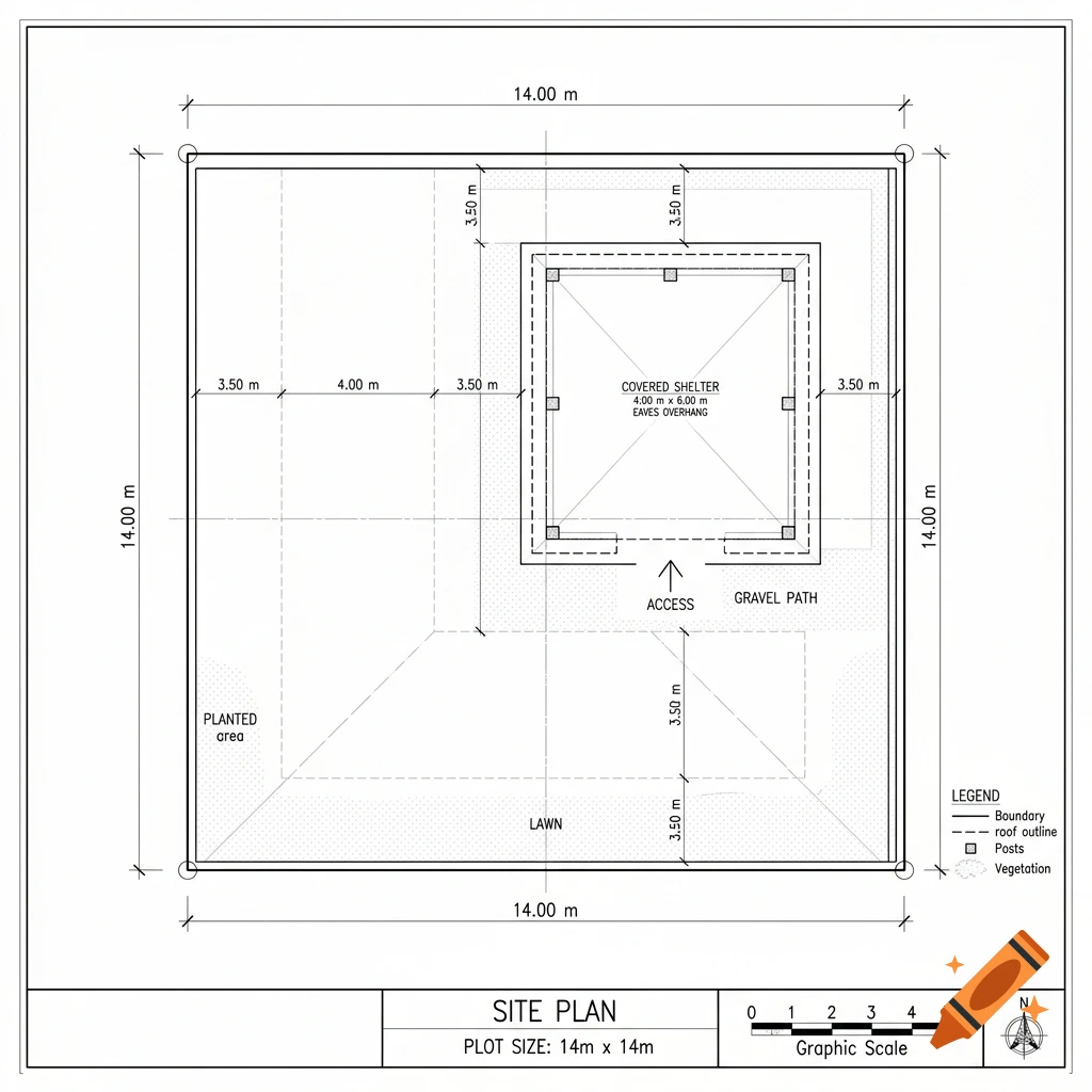 Architectural site plan showing a 14m by 14m plot with a covered shelter, lawn, and gravel path.